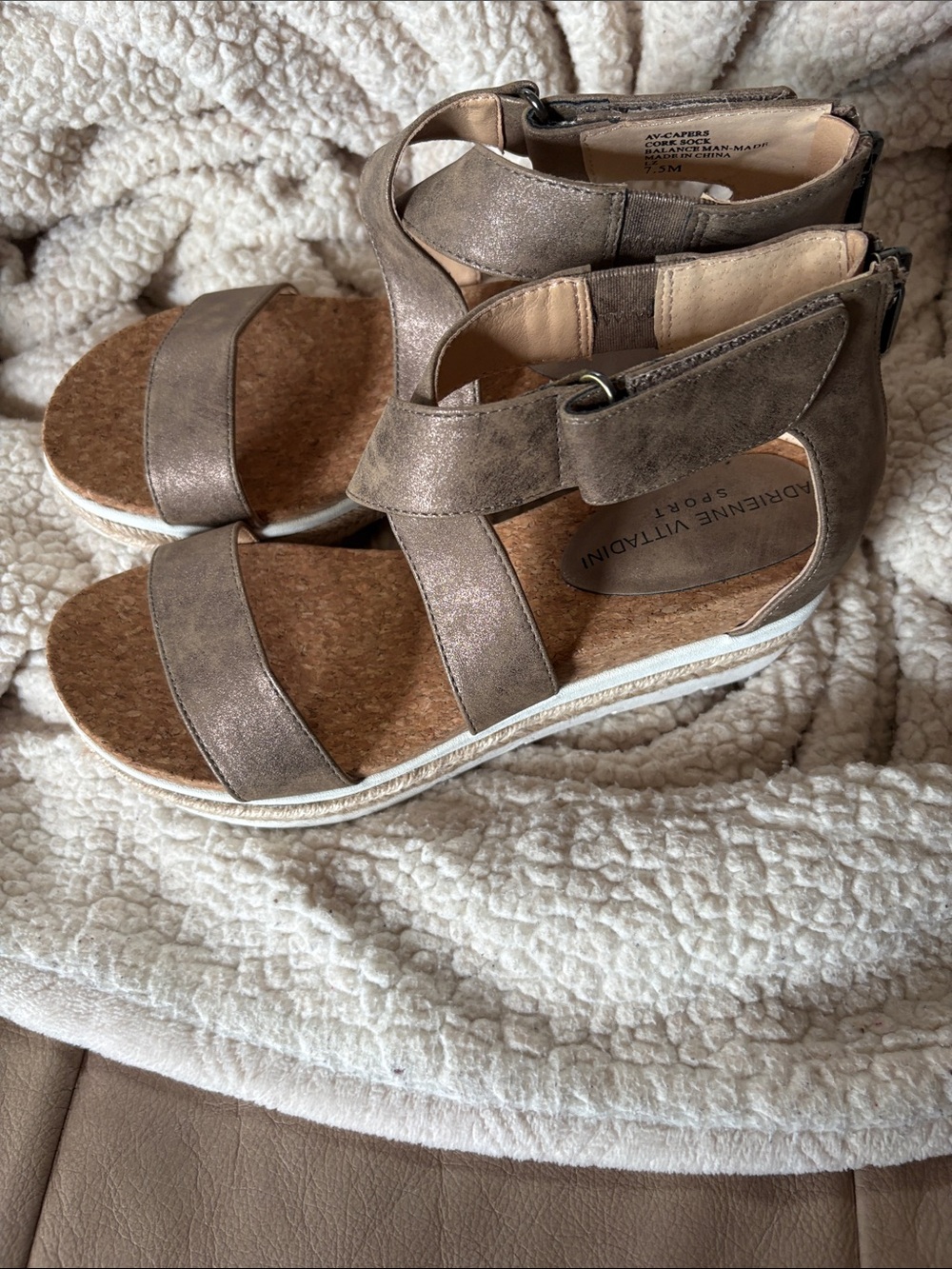 Adrienne Vittadini Sport Metallic Gold Cork Wedge Sandals